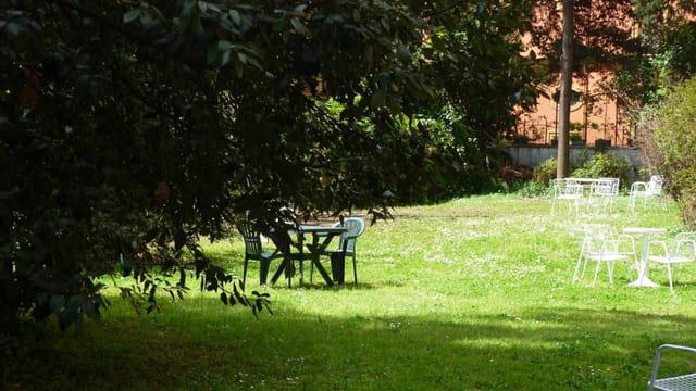 Garden breakout space at Hotel Major Aventinus for professional workshops and corporate events.