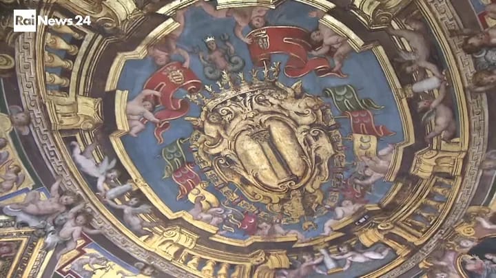 Ornate Pio Pavilion ceiling, elegant backdrop for luxury gala dinners and high-profile events.