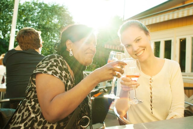 Matsalen at Hotell Zinkensdamm: Networking reception in golden-hour light. Event venue hire.