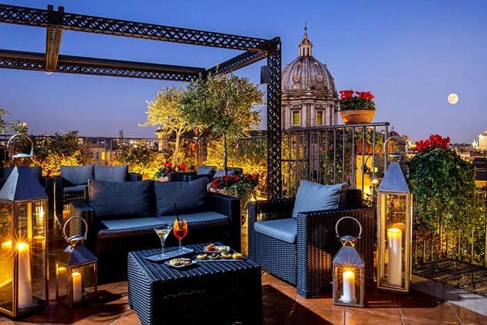 Rooftop garden venue at Boutique Hotel Campo de' Fiori for VIP cocktail reception and networking.