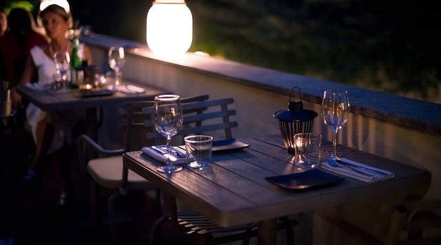 Bistro outdoor breakout space at Hotel Parrasio for networking dinners and VIP hospitality events.