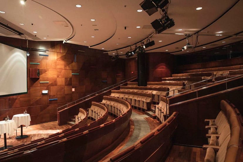 Kammarsalen auditorium: tiered wood-paneled seating for corporate keynotes and panel discussions.