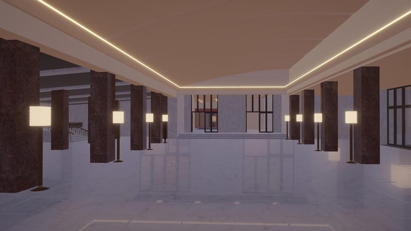 Visionarea Art Space minimalist foyer for luxury corporate events and cocktail receptions.