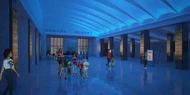 Auditorium Conciliazione foyer with blue ambient lighting for networking and brand activations.