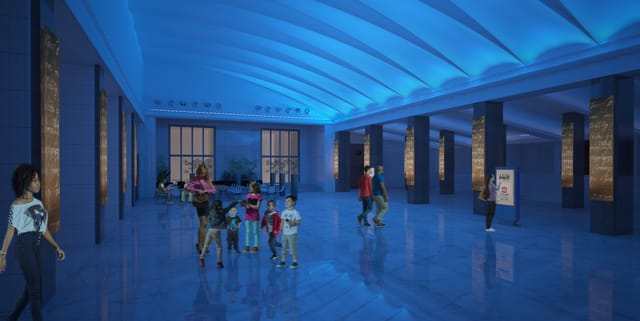 Auditorium Conciliazione foyer with blue ambient lighting for networking and brand activations.