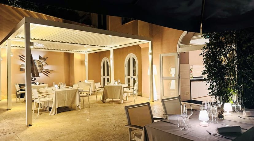Sophisticated rooftop terrace with ambient lighting for corporate dinners and networking events.