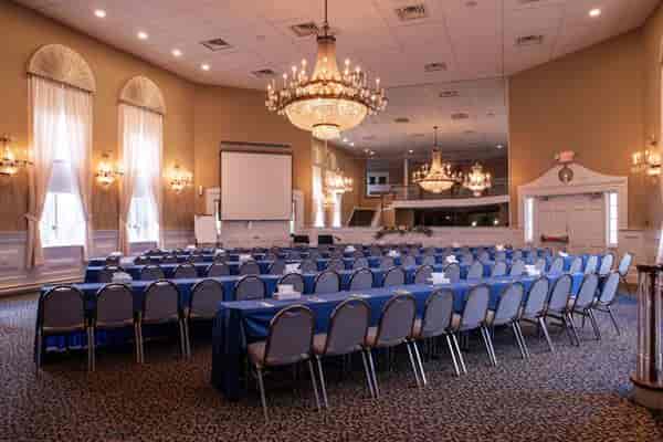 Classroom-style banquet hall for professional development conferences and corporate training.