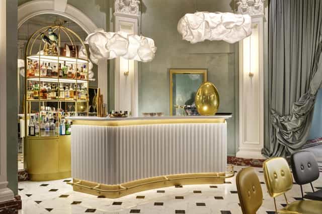 Luxury bar setup in Leon's Place lobby for high-end cocktail receptions and VIP event rentals.