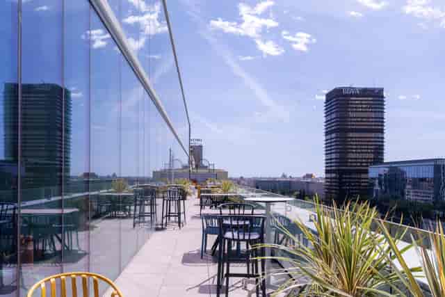 Castellana Lounge rooftop terrace at Bernabéu Stadium for corporate events and evening receptions.