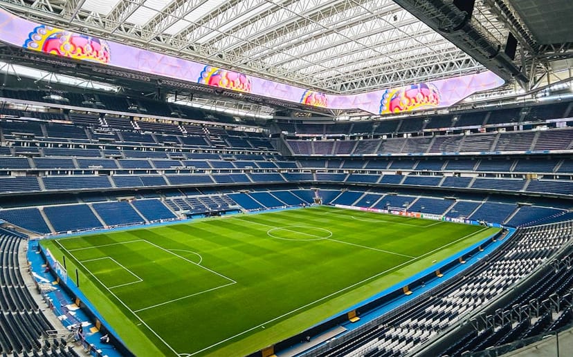 Bernabéu stadium press conference room with LED displays for product launches and corporate events.