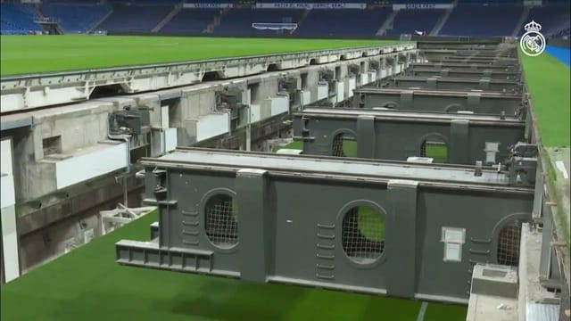 Retractable Bernabéu Stadium pitch for corporate events and stadium venue hire.
