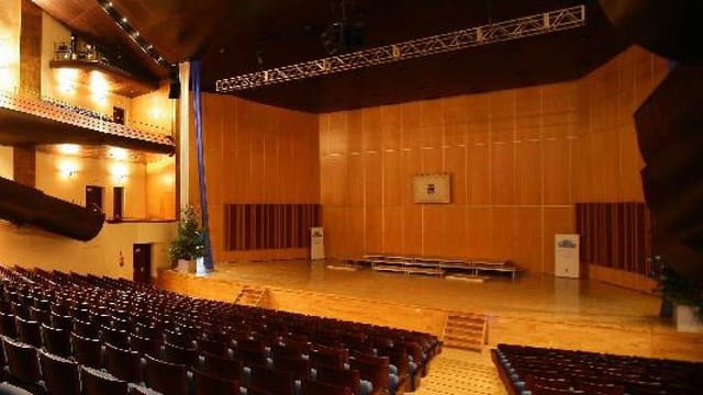 Príncipe Felipe Auditorium with wood-paneled seating for corporate events and award ceremonies.