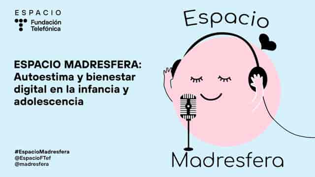 Espacio Madresfera branding at Fundación Telefónica for podcast talk event.