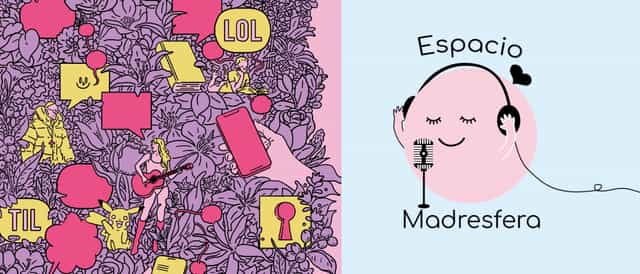 Espacio Madresfera podcast event branding with minimalist logo at Fundación Telefónica.