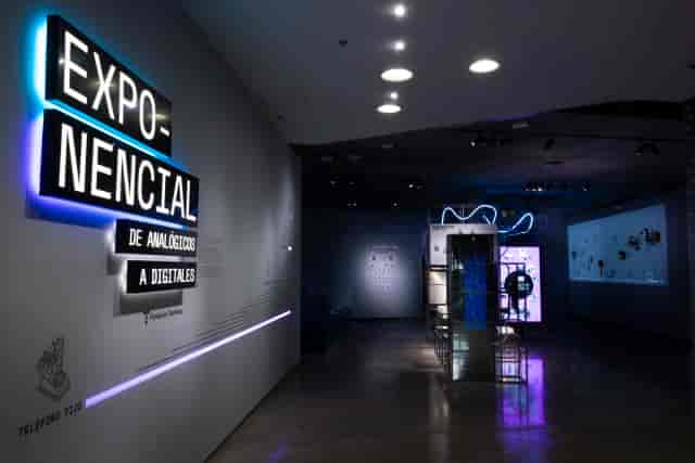 Immersive tech exhibition entrance with branded signage for corporate events and conferences.