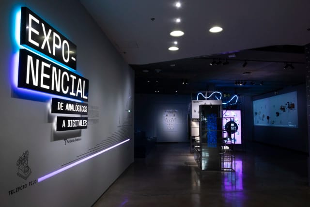 Immersive tech exhibition entrance with branded signage for corporate events and conferences.