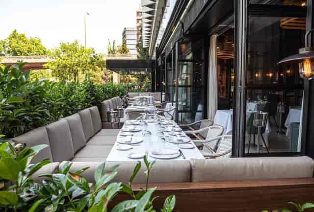 High-end outdoor restaurant for corporate dinner and networking mixer.