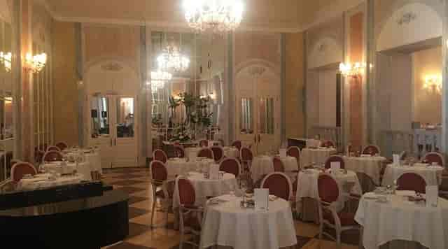 Elegant Reid’s Palace ballroom with checkerboard floors for gala dinners or corporate events.