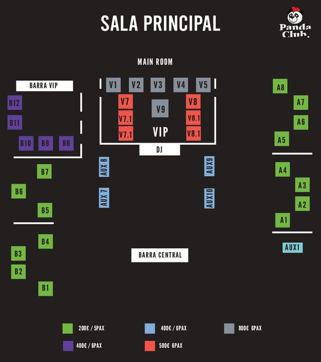 Sala Panda Club main area featuring tiered VIP seating and DJ booth for nightclub events.