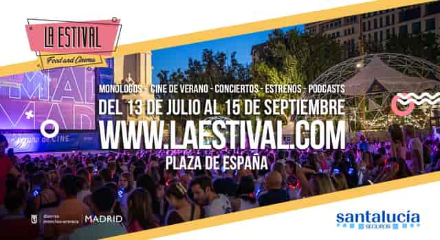 Outdoor cinema at Plaza de España: Summer event venue featuring large screen and public seating.