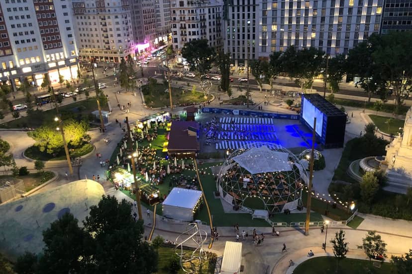 Outdoor movie theater at Plaza de España with geodesic dome for pop-up event activation.