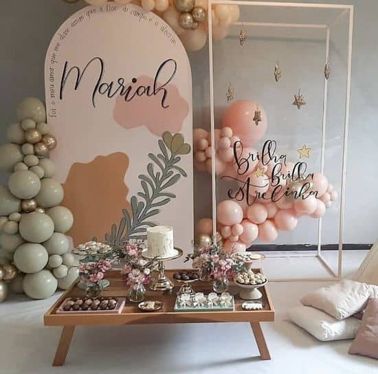 Baby shower balloon decor and dessert display for Luna Di Vanna event styling.