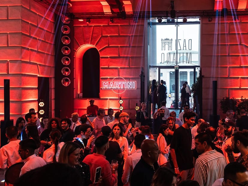 Branded cafe at DAZI Milano featuring dynamic lighting for event and brand activation.
