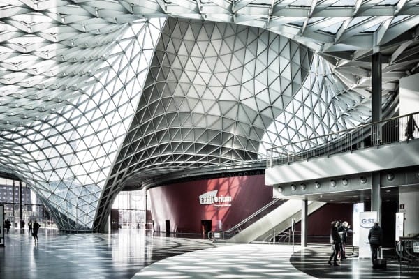 Modern Fiera Milano foyer for premium corporate trade shows and grand exhibition registration.