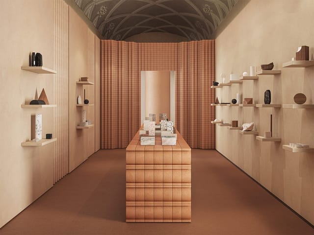 Monochromatic retail pop-up in Palazzo Bovara for luxury brand activations and product launches.