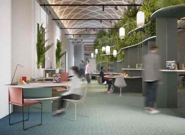 Flexible workspace with biophilic design and meeting pods for hybrid events and conferences.