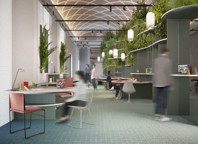 Flexible workspace with biophilic design and meeting pods for hybrid events and conferences.