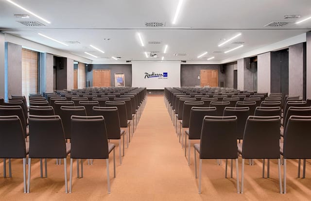 Theater-style conference room at Napoleon Hotel for professional seminars and presentations.