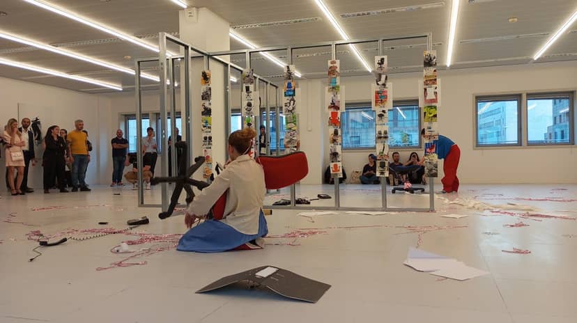 Innovazione 3 installation at BiM Milano: creative workshop event with floor clutter and supplies.