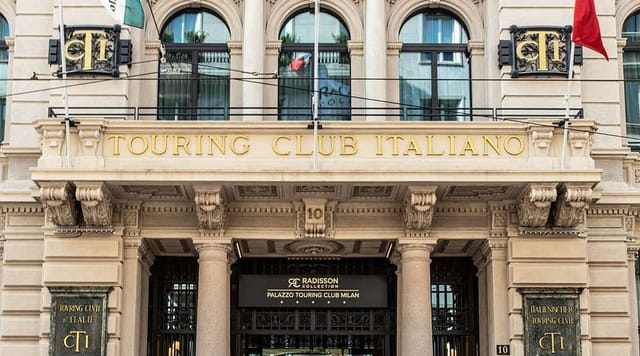 Grand historic entrance of Radisson Collection Milan for luxury corporate and gala events.