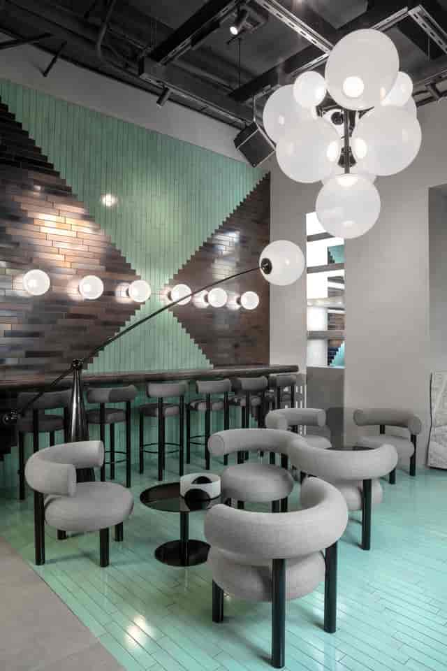 Modern restaurant lounge for networking receptions and corporate events with designer lighting.