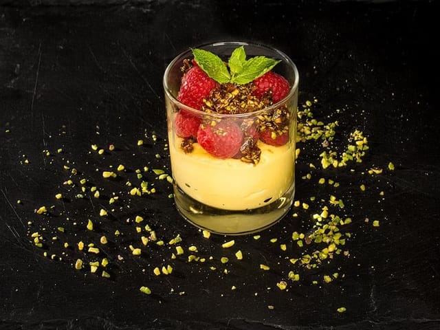 Elegant individual dessert in glass for cocktail reception and luxury gala catering.