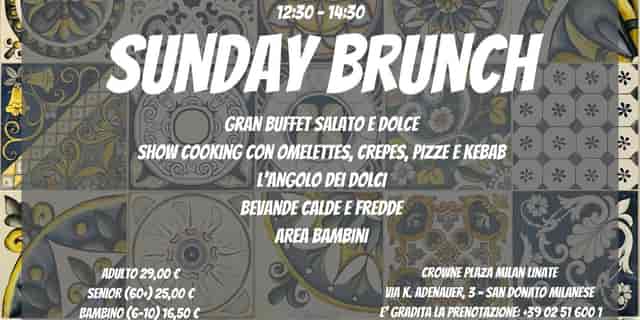 Family-friendly Sunday brunch buffet flyer at Il Buongustaio, Crowne Plaza Milan Linate.