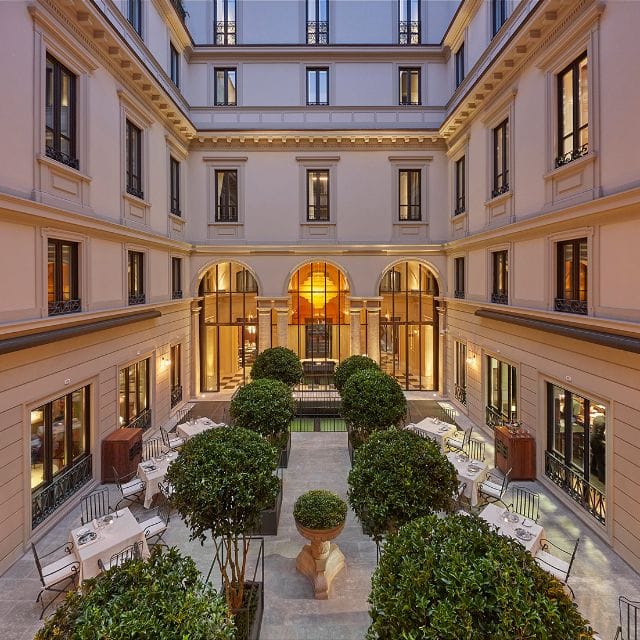 Seta courtyard at Mandarin Oriental Milan for exclusive cocktail reception and gala dinner.