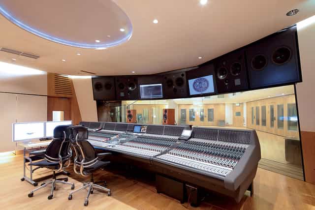 High-end recording studio control room for AV workshops and production team meetings.