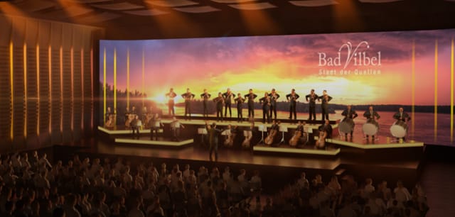Orchestral performance on stage with LED backdrop for corporate event venue hire.