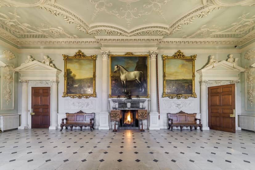 North Hall at Badminton Estate: Grand fireplace, historic reception room for corporate events.