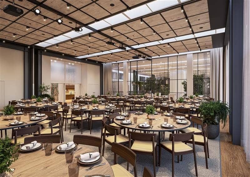 Royal Oak ballroom at 1 Hotel Copenhagen with wood ceiling for corporate galas and conferences.