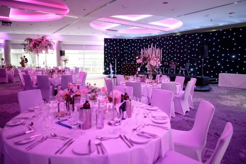 GMB Banqueting Hall gala setup with star-draped stage for wedding reception events.