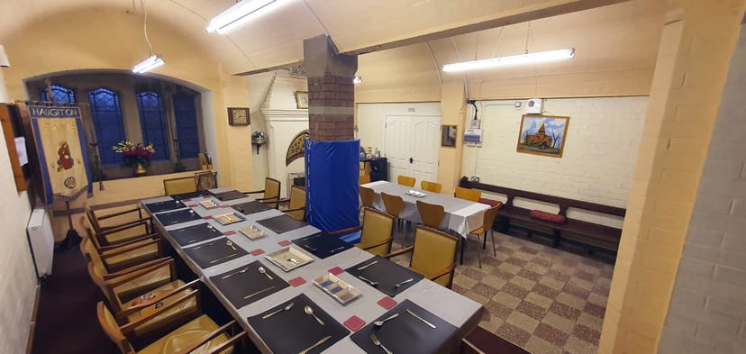 St Anne’s Parish Room with center pillar, ideal for church event hall or community meeting space.