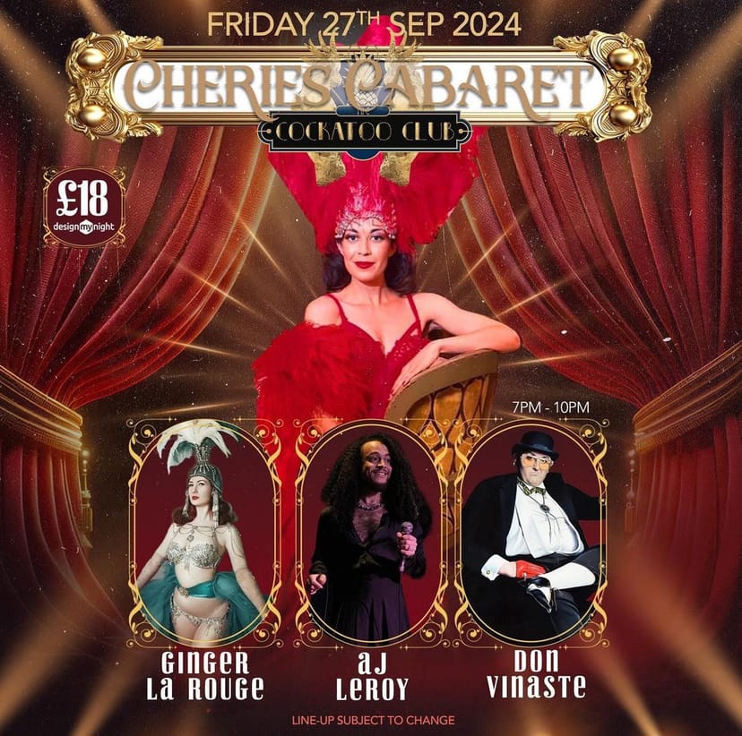 Cabaret show flyer at The Cockatoo Club featuring high-energy entertainment and event branding.