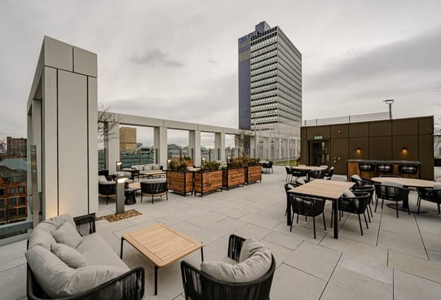 Sky lounge rooftop venue, Angel Gardens: versatile space for networking and corporate events.