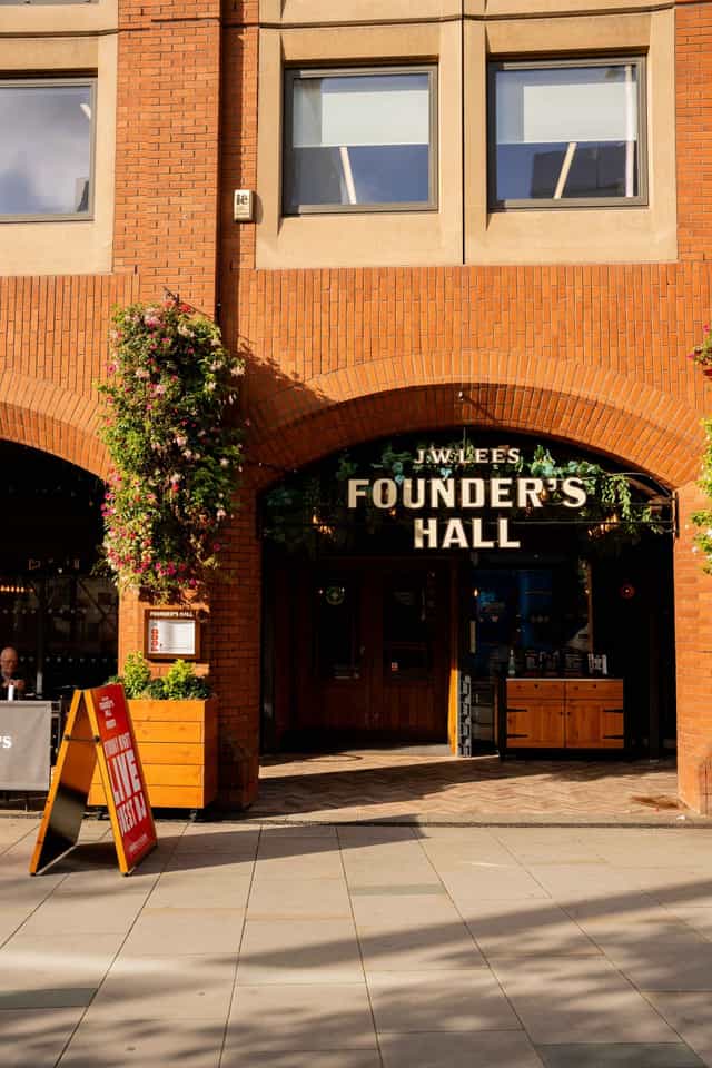 Beer garden entrance at Founder's Hall for corporate social and networking event.