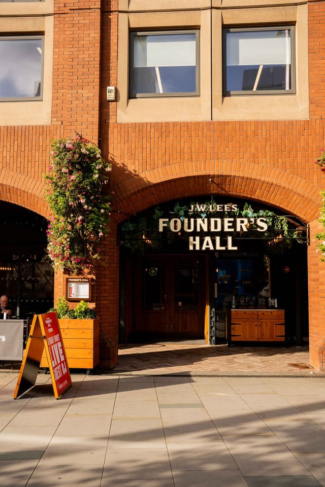 Beer garden entrance at Founder's Hall for corporate social and networking event.