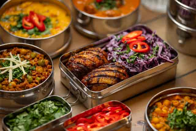 Mowgli Street Food private dining room featuring sustainable stainless steel tiffin catering.