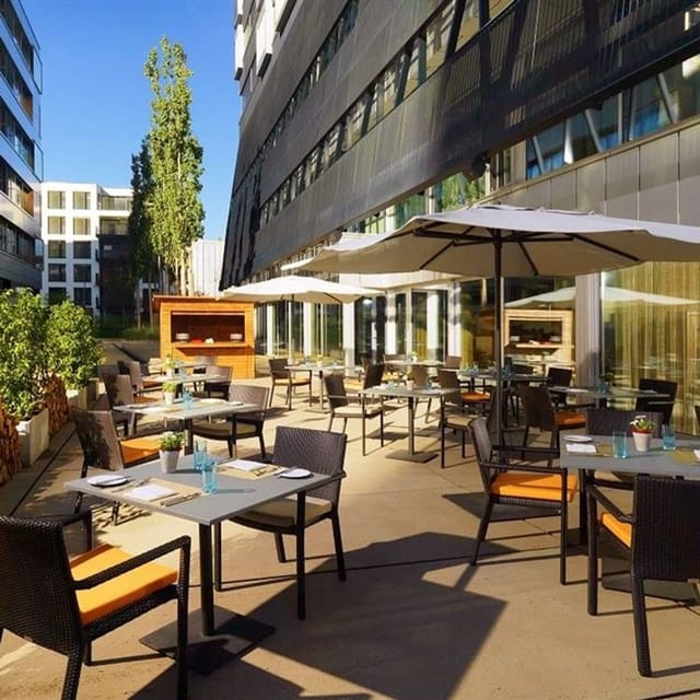 Modern outdoor terrace at Route 26 Steakhouse for corporate lunch and networking events.